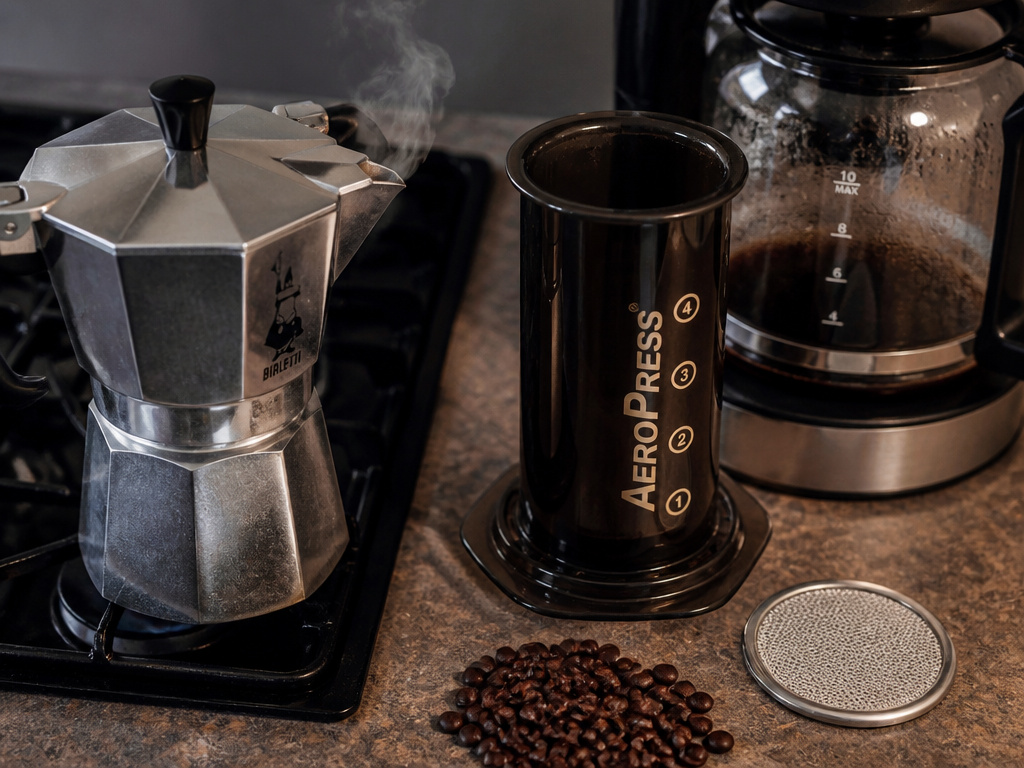 Moka pot and Aeropress as alternatives for espresso-like coffee at home.