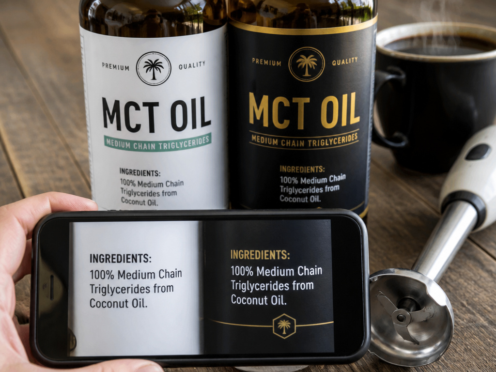 Comparing generic and premium MCT oil bottles for coffee, ingredient labels highlighted.