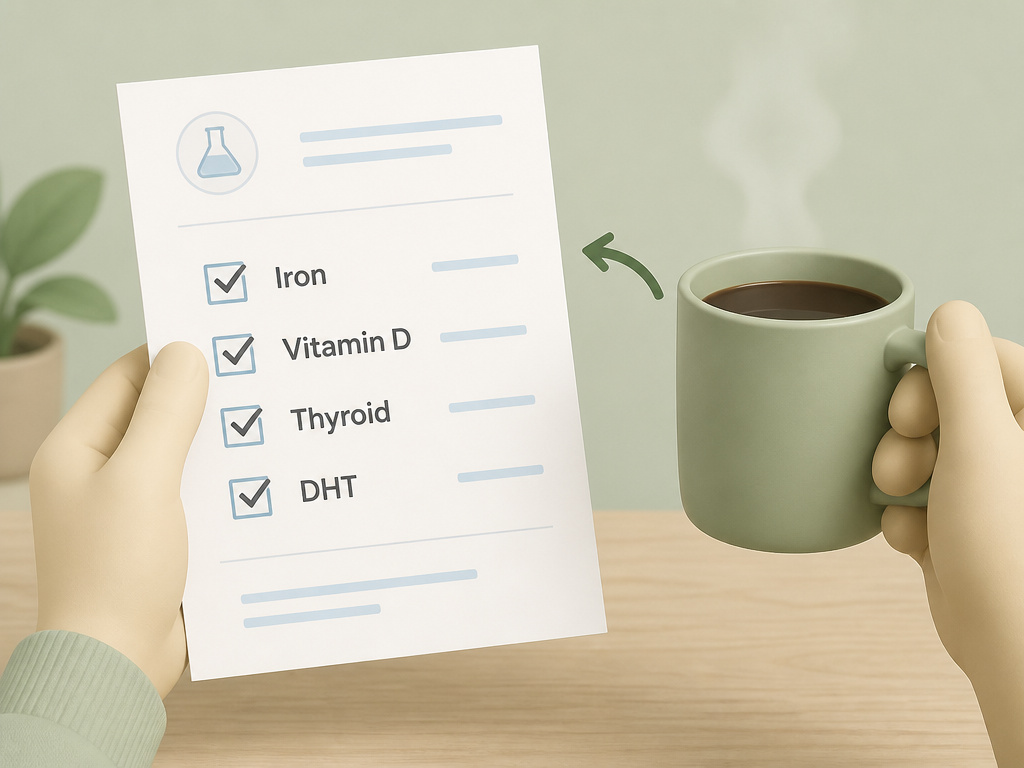 Medical lab report listing common hair loss causes next to a coffee mug.
