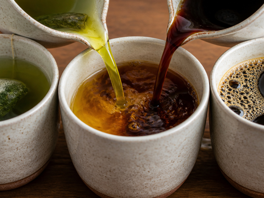 Close-up of green tea and coffee being mixed together in separate mugs.