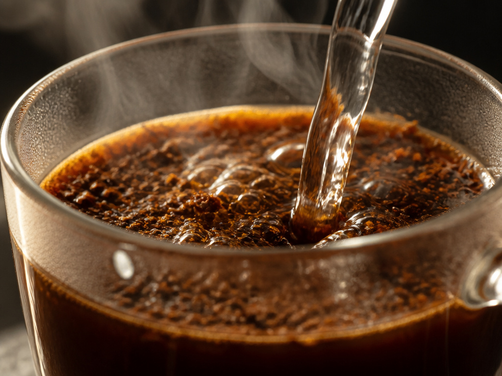 Freeze-dried instant coffee granules dissolving in hot water close-up.