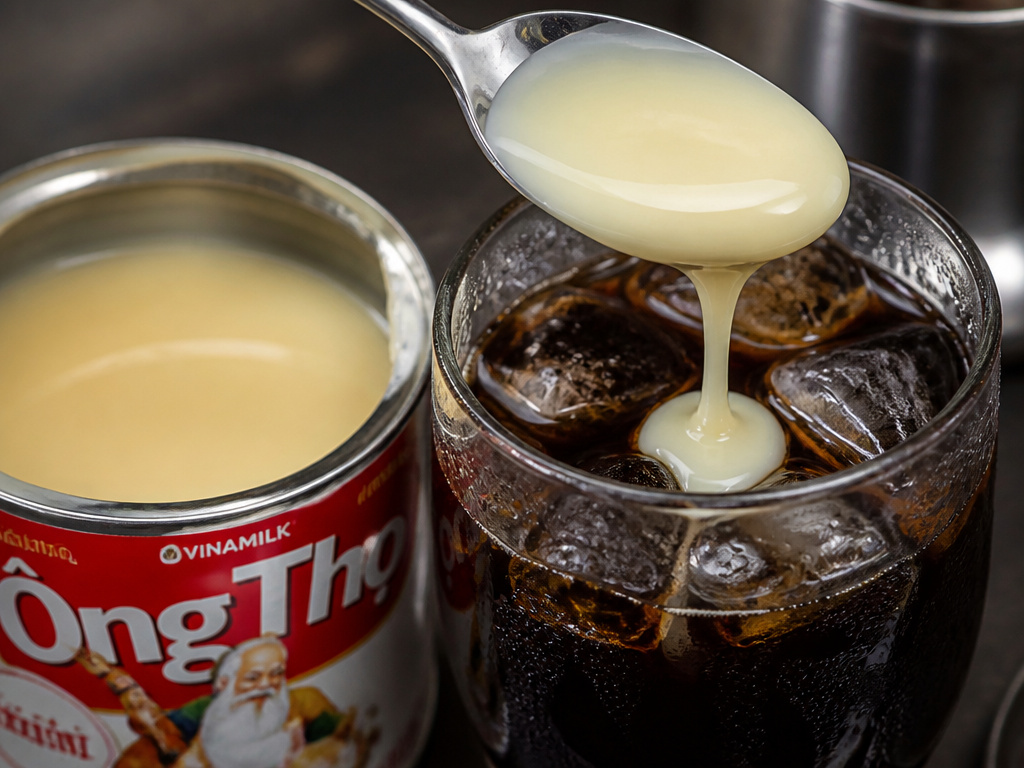 Sweetened condensed milk being poured into a glass of iced Vietnamese coffee.