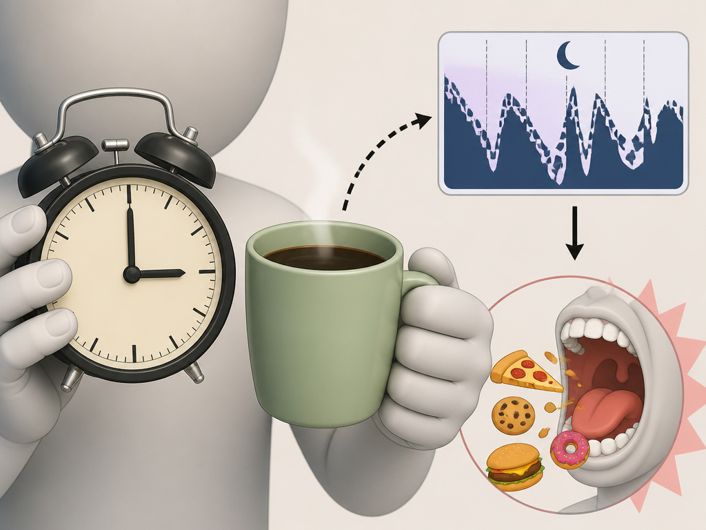 Cartoon showing how late-day black coffee disrupts sleep and increases next-day hunger.