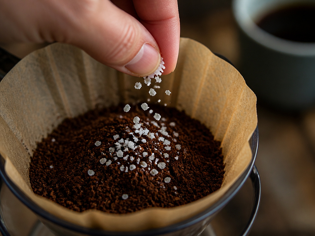 Adding a pinch of salt to coffee grounds to reduce bitterness