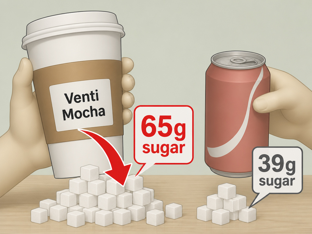 Sugar comparison between a large flavored coffee drink and a can of soda.
