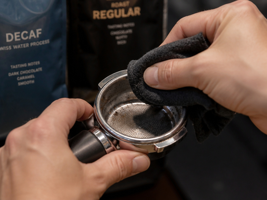 Cross-contamination risk as a barista cleans a portafilter for decaf espresso.