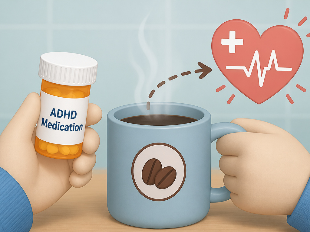 Child's medication bottle next to decaf coffee, illustrating potential interaction.