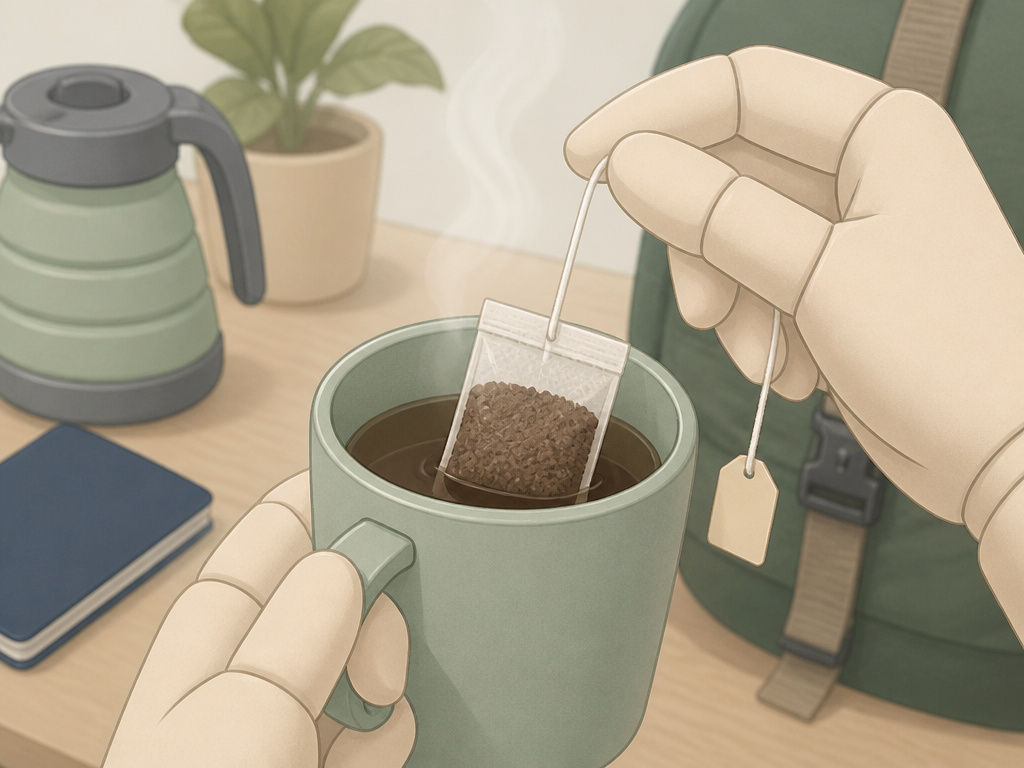 Coffee bag steeping in a mug for travel, office, or camping use.