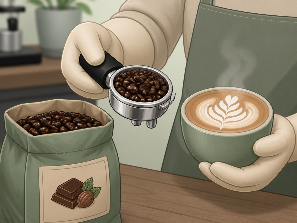 Cartoon of espresso blend beans and a latte for consistent milk-based drinks