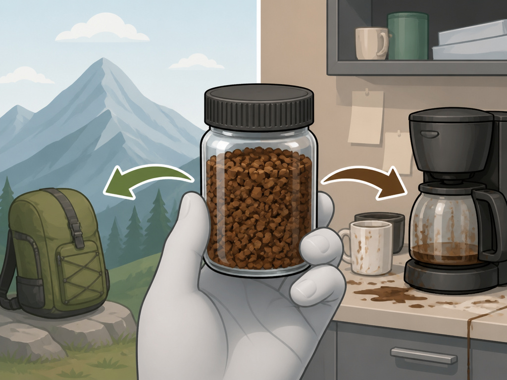 Freeze-dried instant coffee jar shown for travel and office use cases.