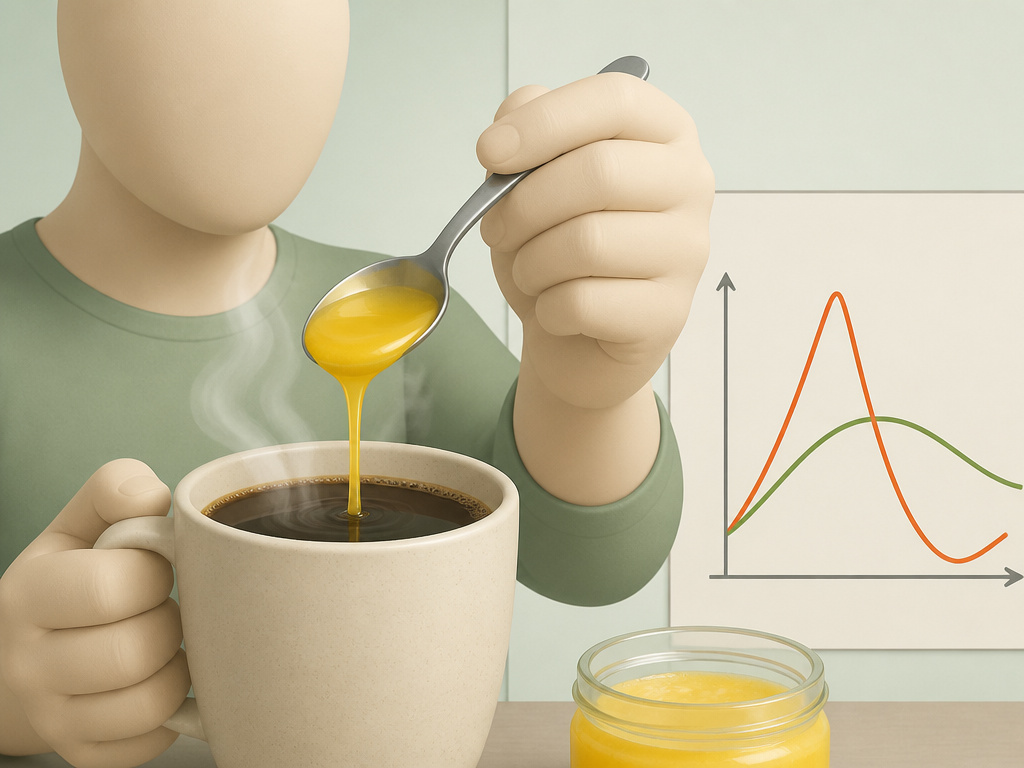 Cartoon of adding ghee butter to coffee for sustained energy without a caffeine crash.