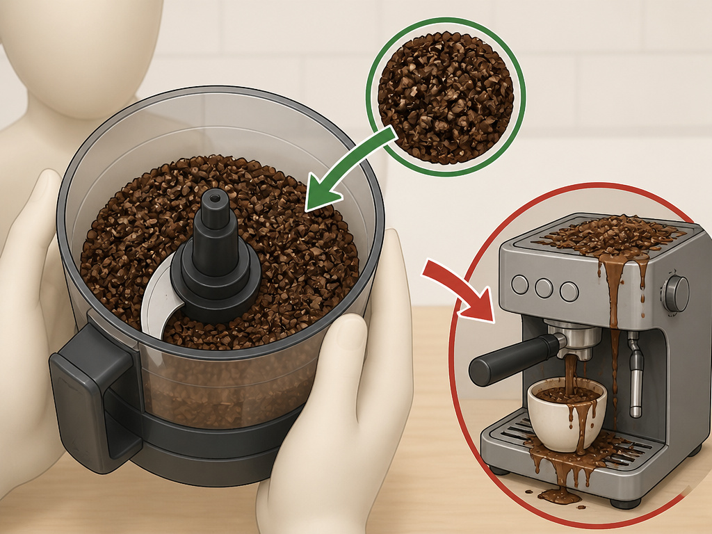 Cartoon comparing coarse food processor grind for cold brew versus espresso.