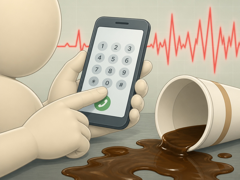 Emergency call for severe caffeine overdose with spilled coffee and erratic heartbeat.