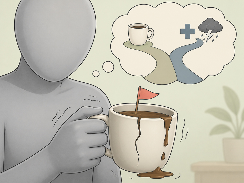 Silhouette with coffee jitters, considering underlying anxiety or dependency causes.