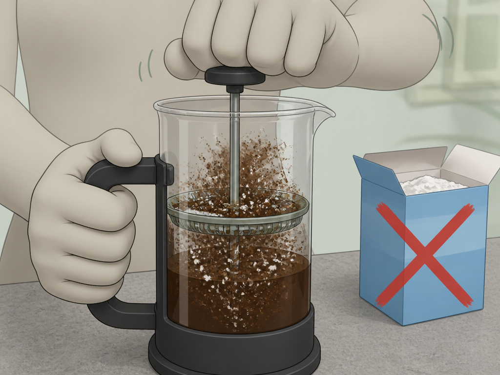 Powdered sugar causing a French press to clog with gritty coffee grounds.