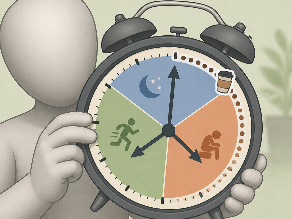 Cartoon clock illustrating caffeine effect duration on sleep, performance, and withdrawal.
