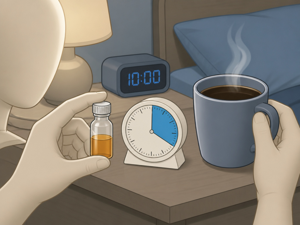 Liquid levothyroxine and coffee on a nightstand for bedtime dosing alternative.