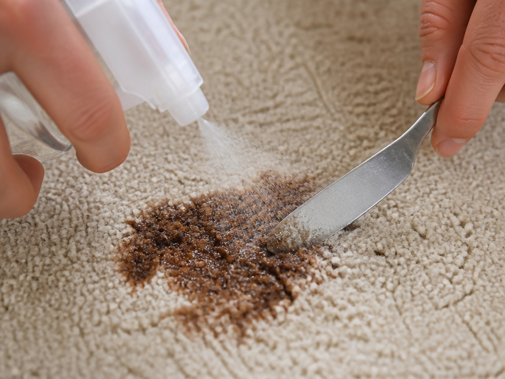 Rehydrating a dried coffee stain on carpet with spray bottle and dull knife.