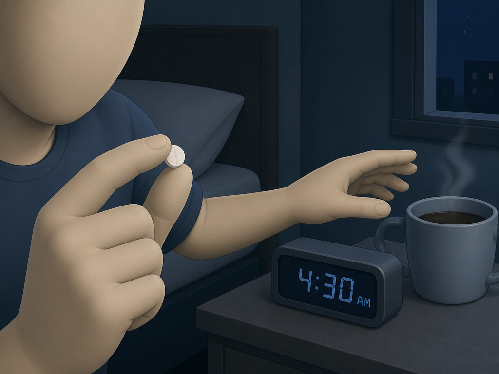 Thyroid medication and coffee on a nightstand for non-standard morning routines