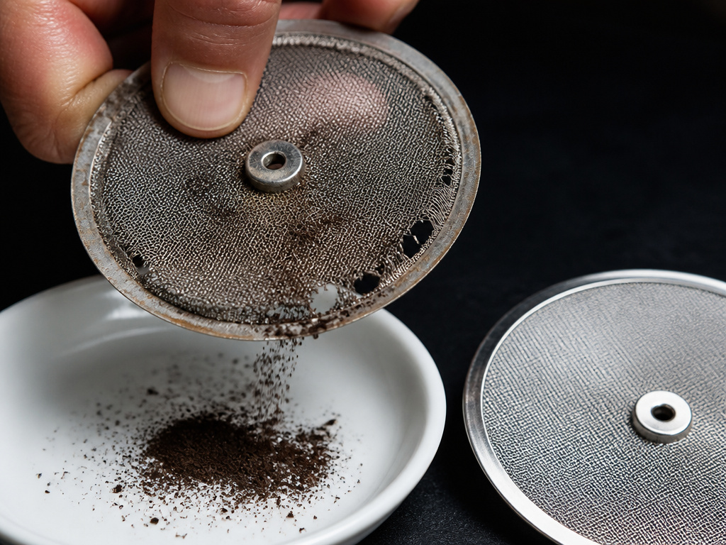 Worn French press filter screen with holes next to a new replacement part.