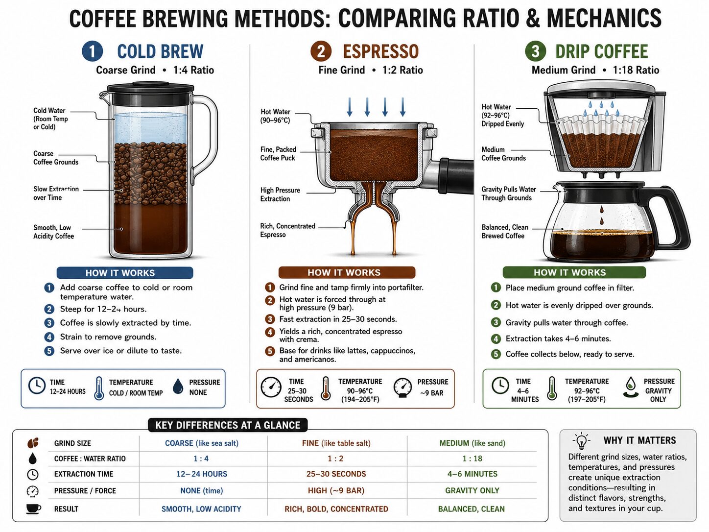 Diagram comparing coffee-to-water ratios for cold brew, espresso, and drip methods.