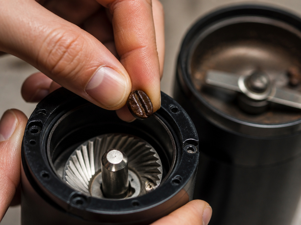 Close-up of oily flavored coffee bean poised above a grinder's burrs
