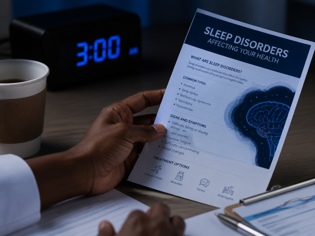 Person with sleep disorder consulting medical information during night shift
