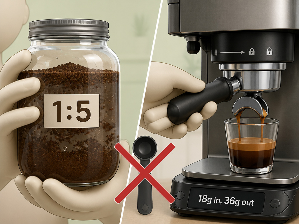 Cartoon comparing cold brew and espresso coffee ratios for proper machine use.