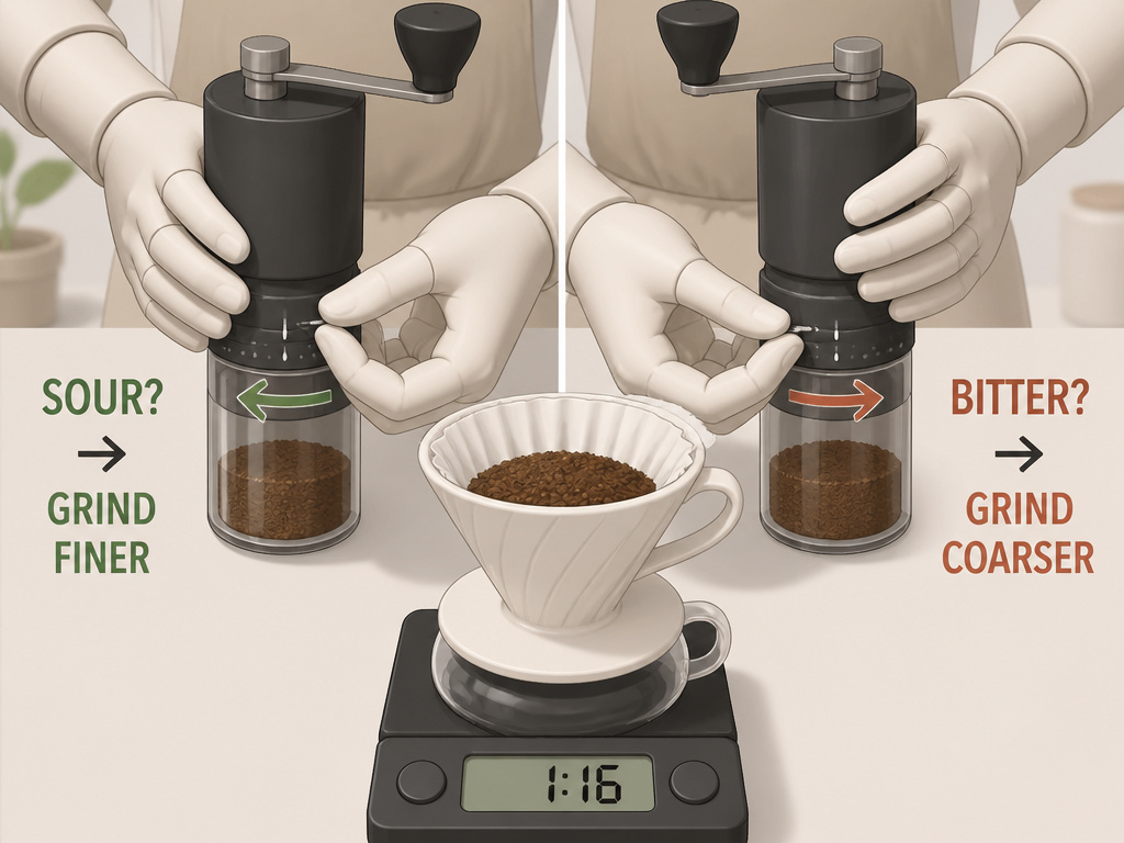 Barista adjusting coffee grind size to fix sour or bitter pour over extraction