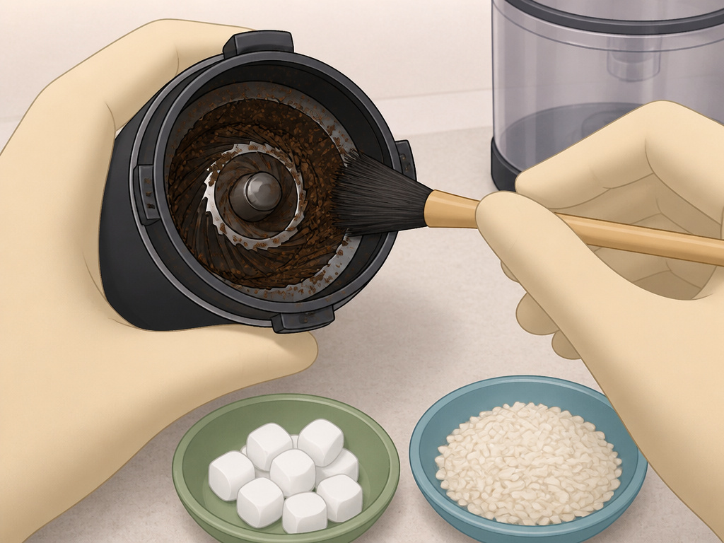 Cleaning coffee grounds and oils from a disassembled Cuisinart burr grinder.