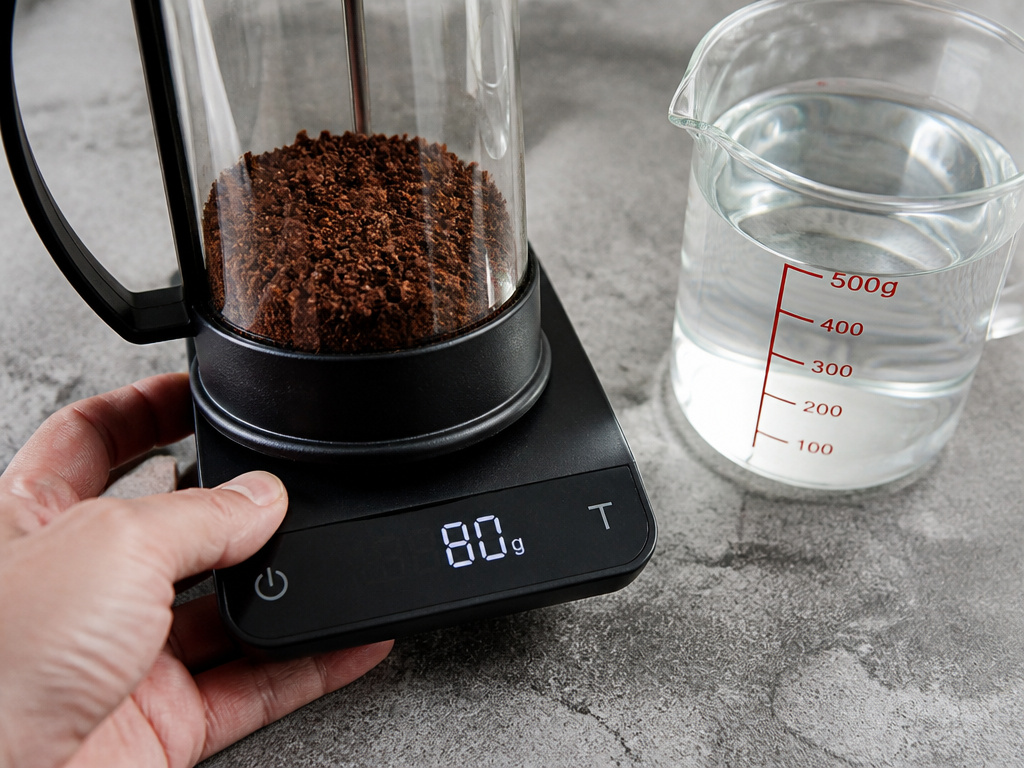 French press cold brew ratio: 80 grams coffee to 500 grams cold water on scale.