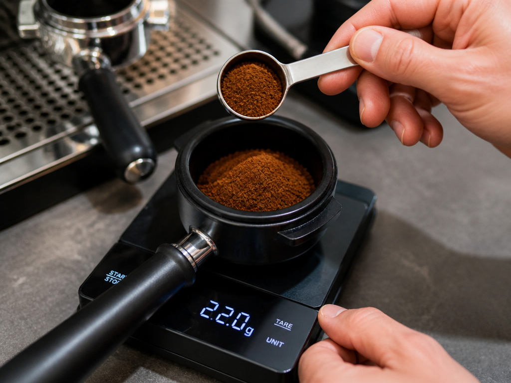A coffee scoop on a scale showing inaccurate dose next to an espresso portafilter