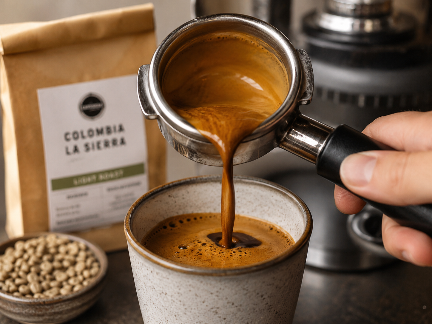 Barista pouring espresso over hot water to make a long black coffee.
