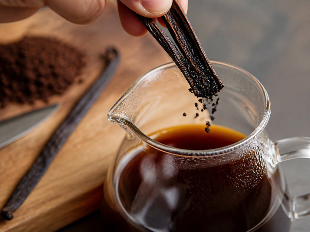 Split vanilla bean being added to cold brew coffee for infusion.