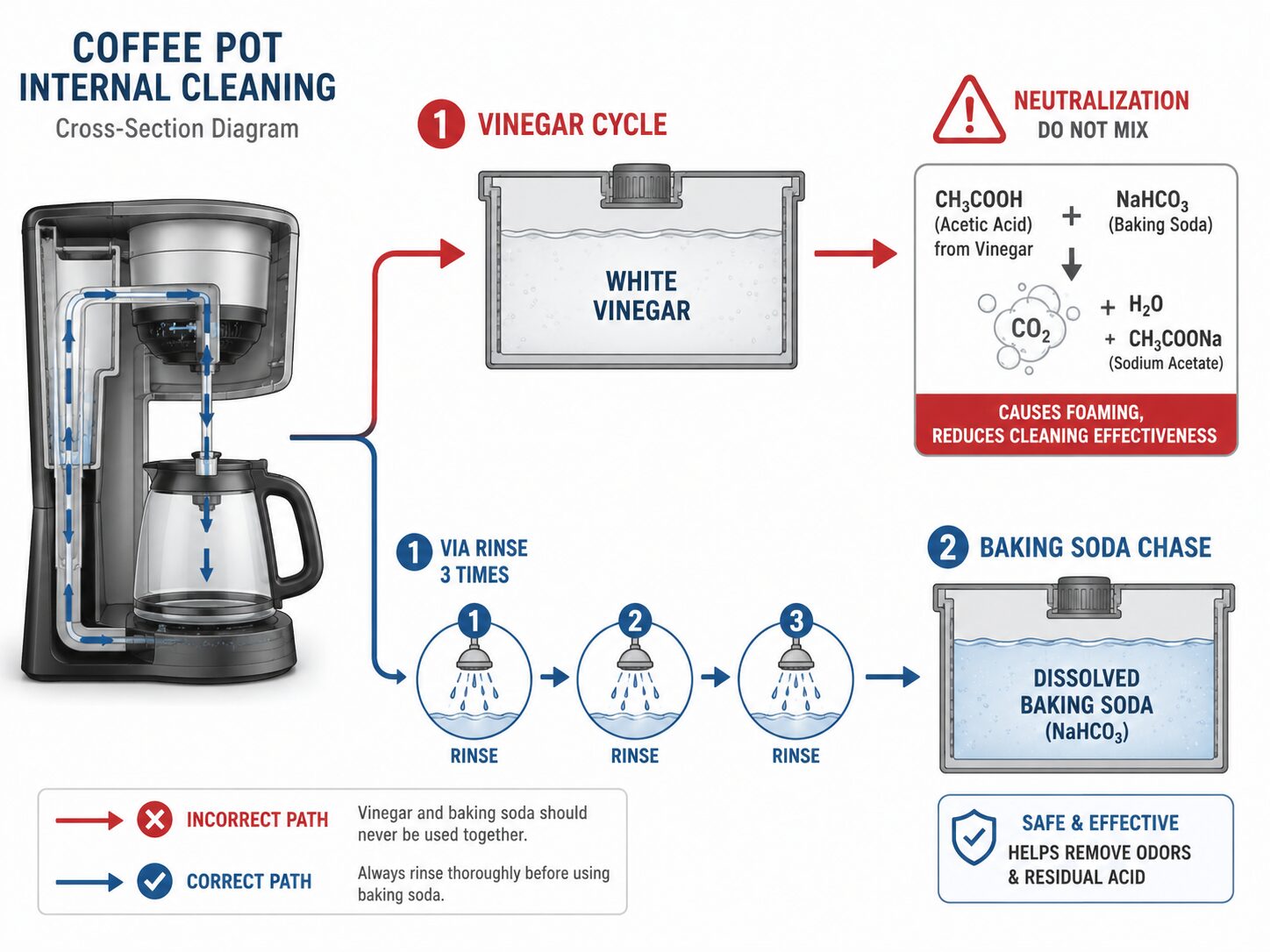 Diagram showing when to use baking soda after vinegar to clean a coffee maker.