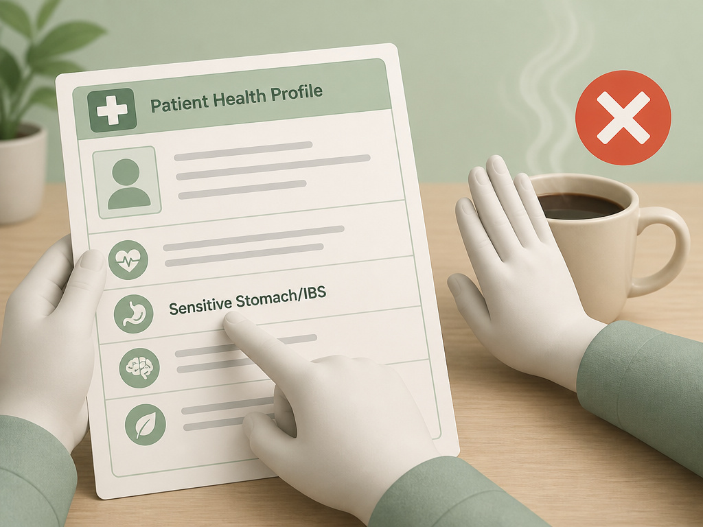Person with IBS or sensitive stomach avoiding coffee before a colonoscopy.