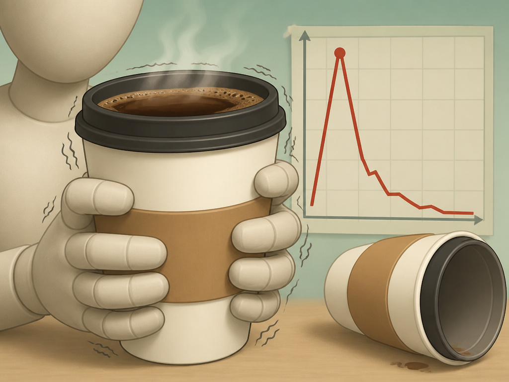 Person holding one coffee cup feeling jittery, with a second cup unused nearby.