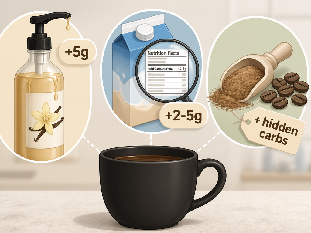 Cartoon of coffee cup with high-carb additives: syrup, creamer, and chicory.