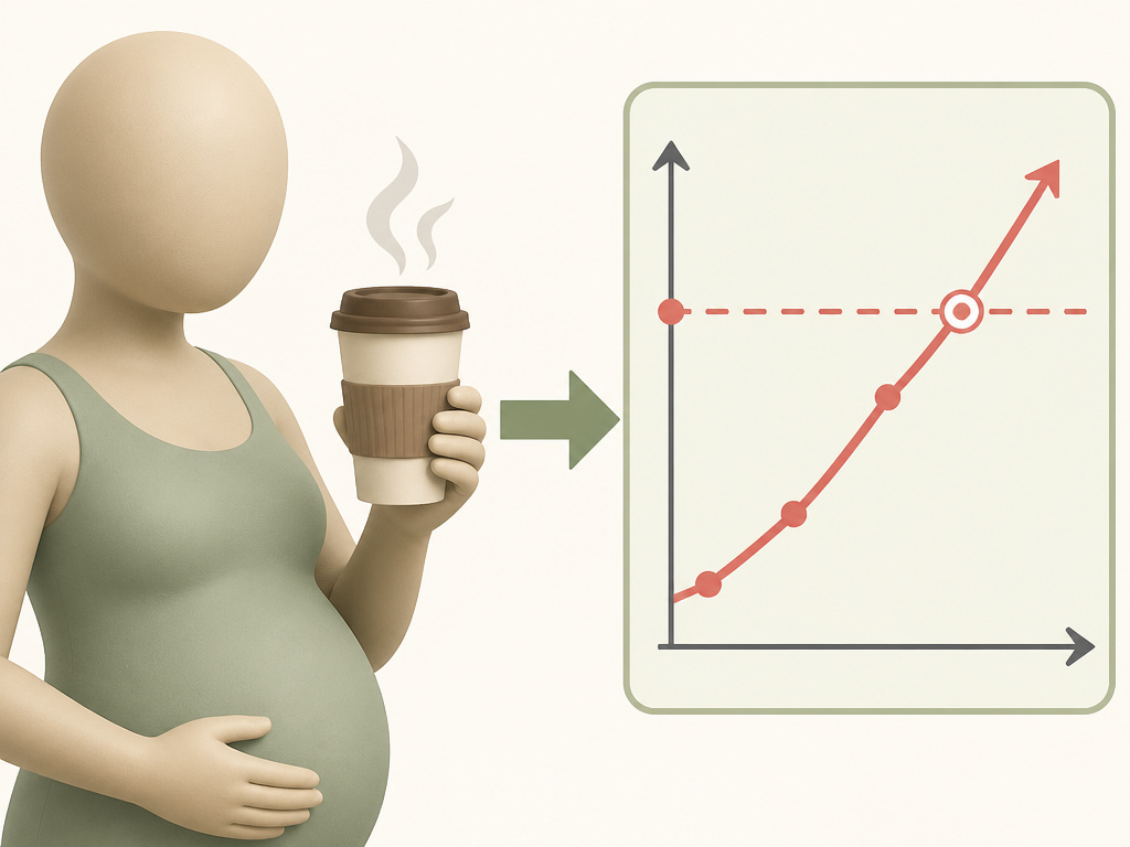 Pregnant woman with coffee cup and graph illustrating the 200mg caffeine limit.
