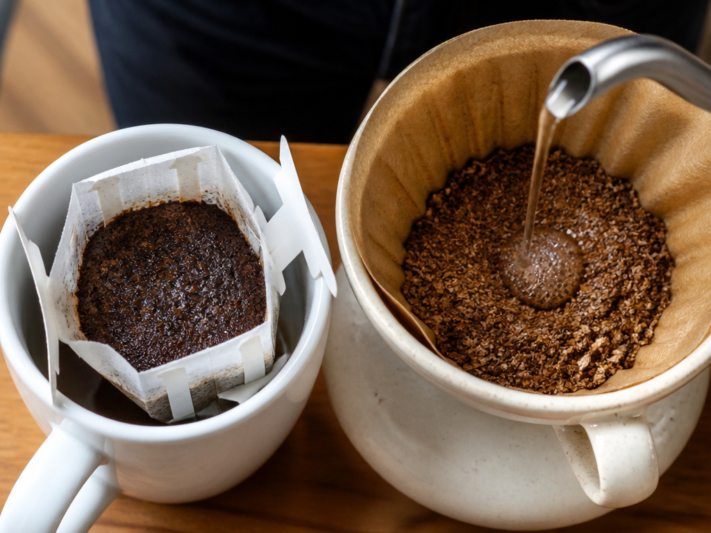 Dark roast in drip filter versus light roast in pour over cone comparison.