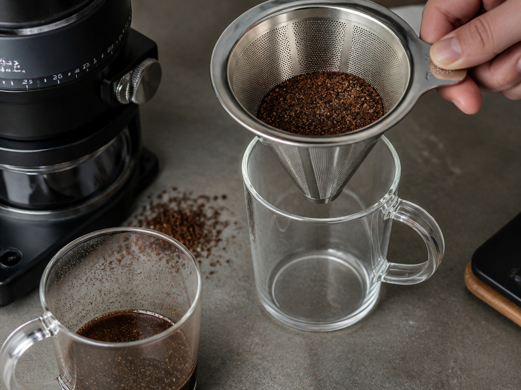 Close-up of coarse grind in a reusable metal cone filter preventing sludge