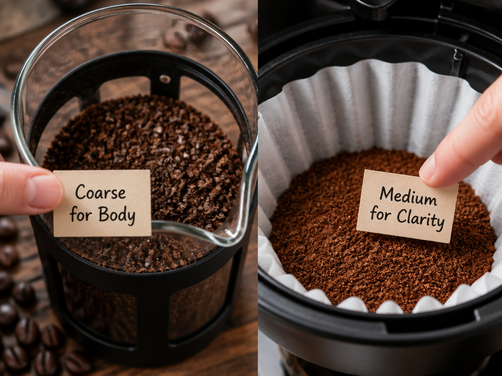 Coffee grind size comparison for French press coarse versus drip machine medium.