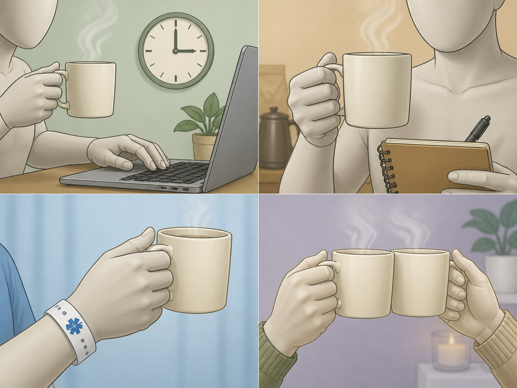 Diverse hands holding decaf coffee mugs for afternoon, tasting, health, and socializing.