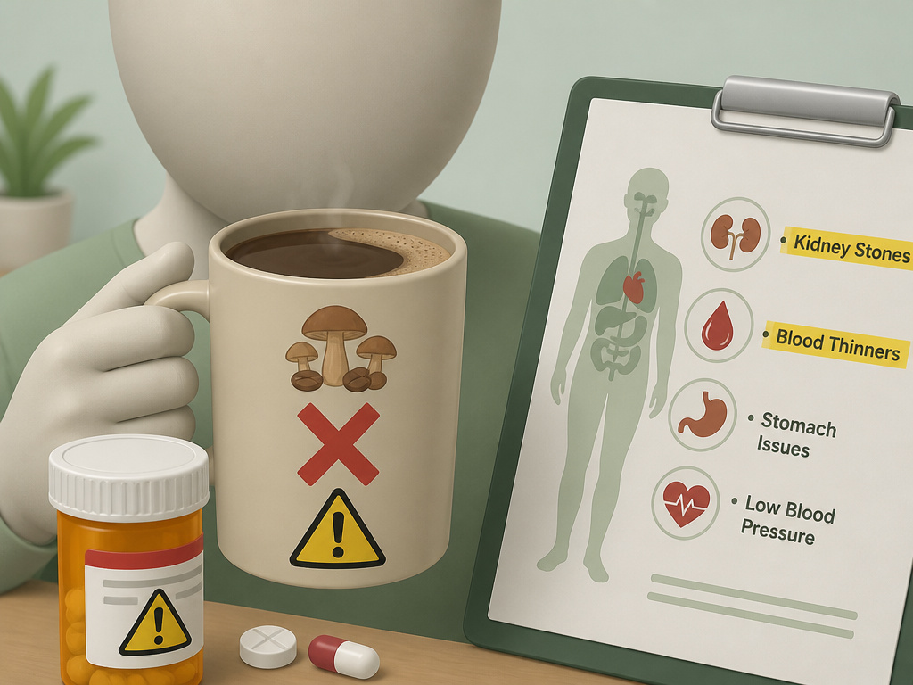 Cartoon liver with warning sign next to a prohibited mushroom coffee mug.