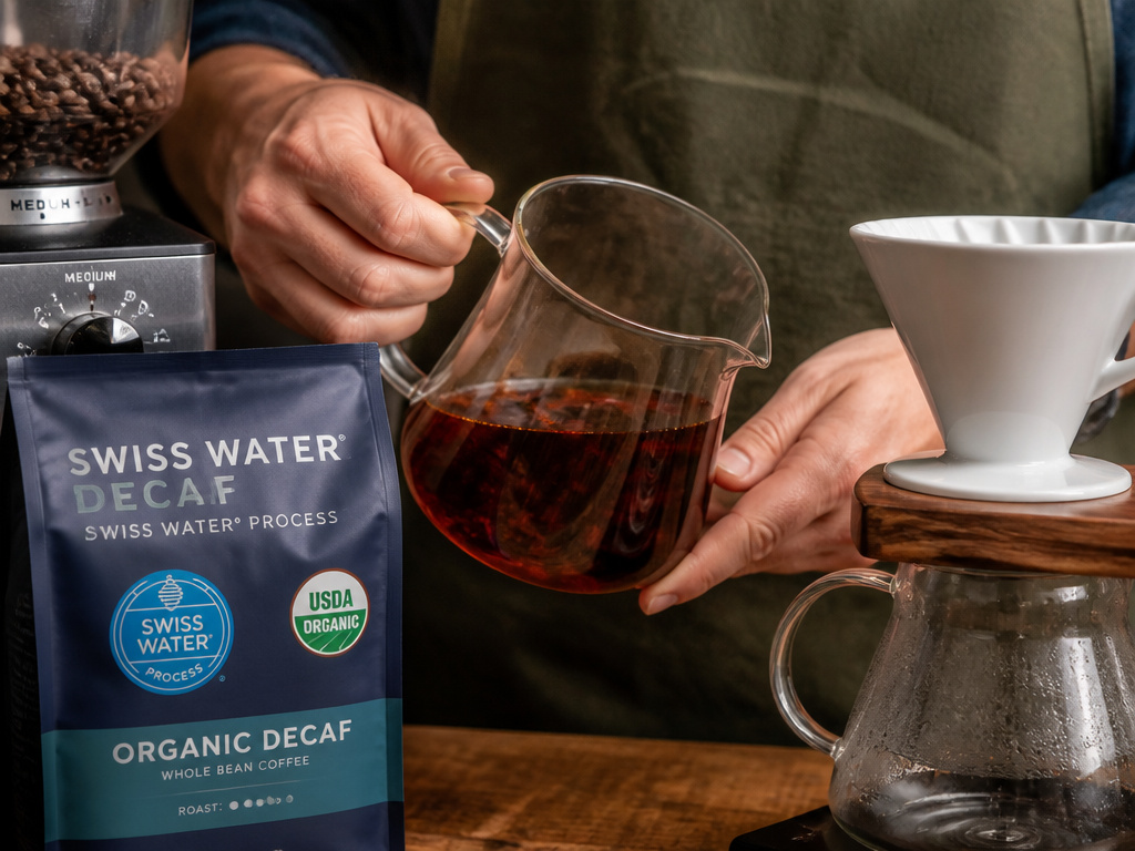 Swiss Water decaf coffee being brewed next to certified organic bag