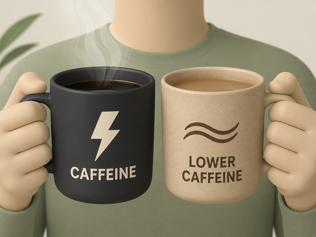 Cartoon comparing caffeine levels in regular coffee versus mushroom coffee