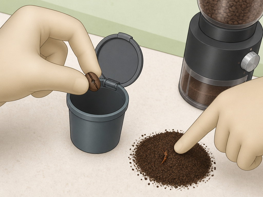 Close-up comparing a defective whole coffee bean to pre-ground coffee with a hidden insect fragment.