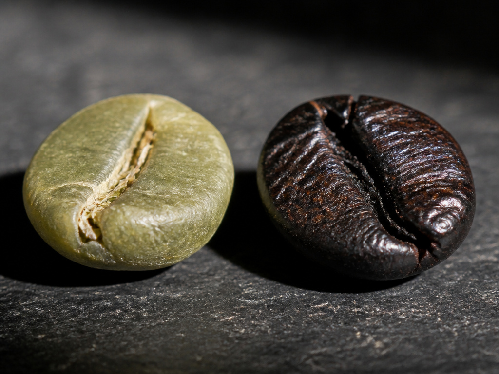 Comparison of a green coffee bean and a charred dark roast bean