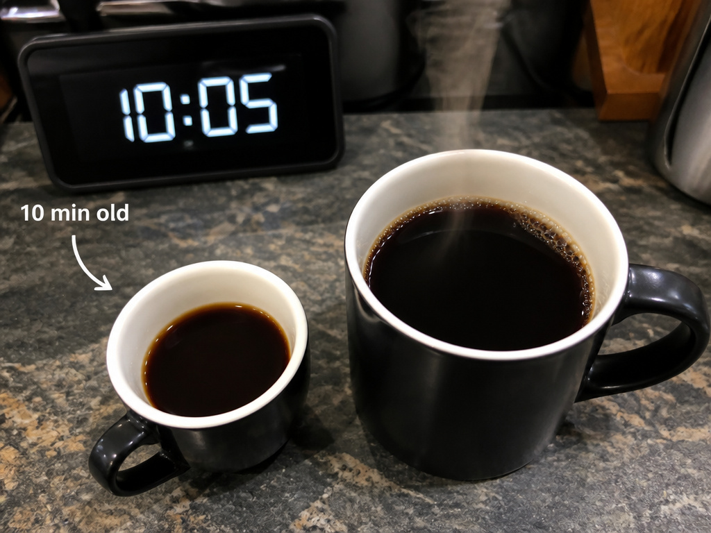 Close-up comparison of fresh drip coffee versus old, flat espresso.