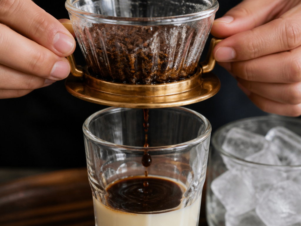 Close-up of Vietnamese phin filter dripping strong coffee concentrate over condensed milk.